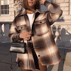 HM “Shacket” Herringbone Weave Shirt Jacket Brown